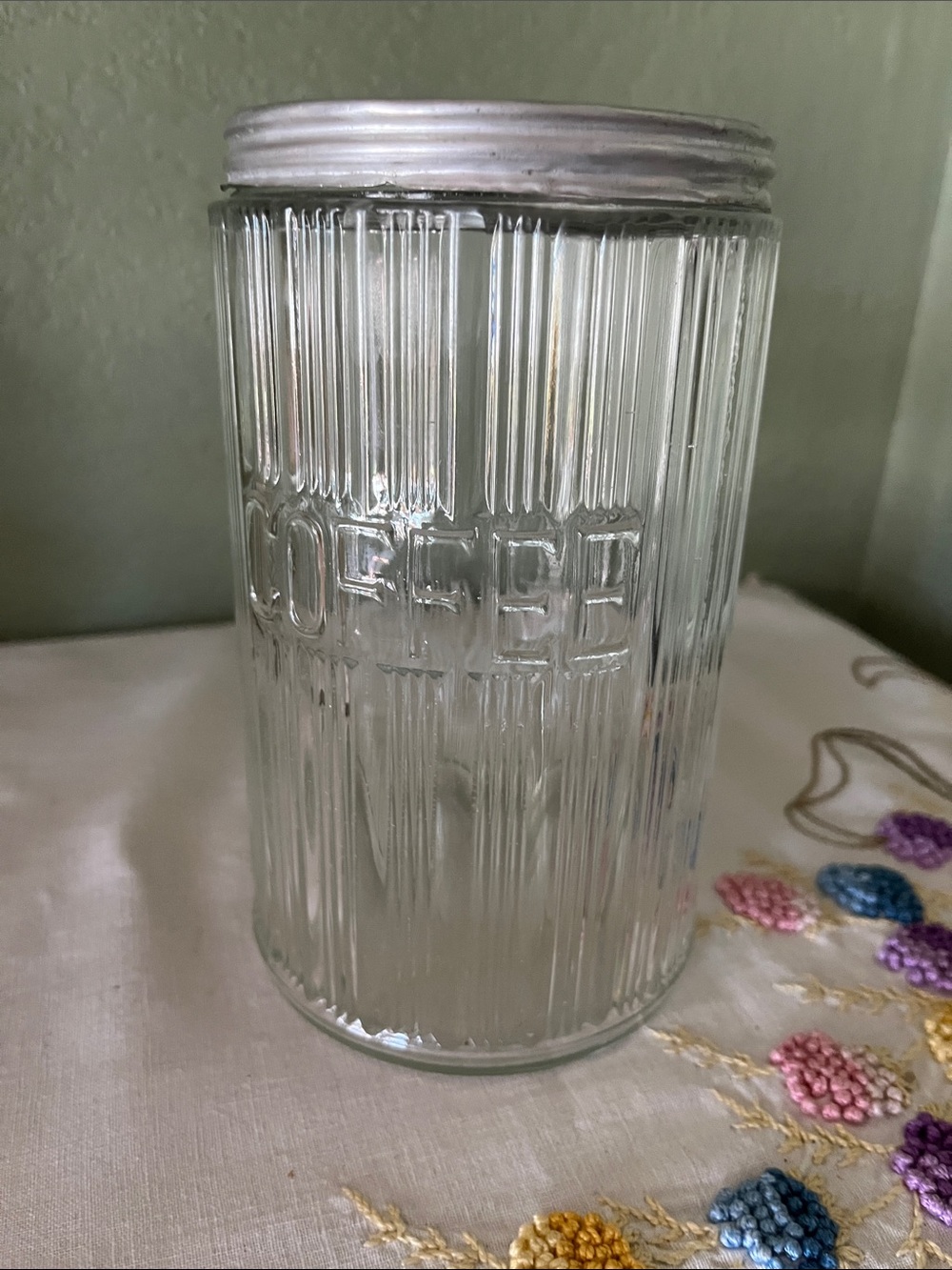 Vintage Hoosier Ribbed Glass COFFEE Canister Jar Metal Screw Lid